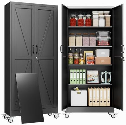 71" Metal Garage Storage Locker Cabinet with Wheels,Rolling Black Farmhouse Kitchen Pantry Cabinet with 2 Doors and 4 Adjustable Shelves, Steel File Tool Cabinet for Home Office Warehouse