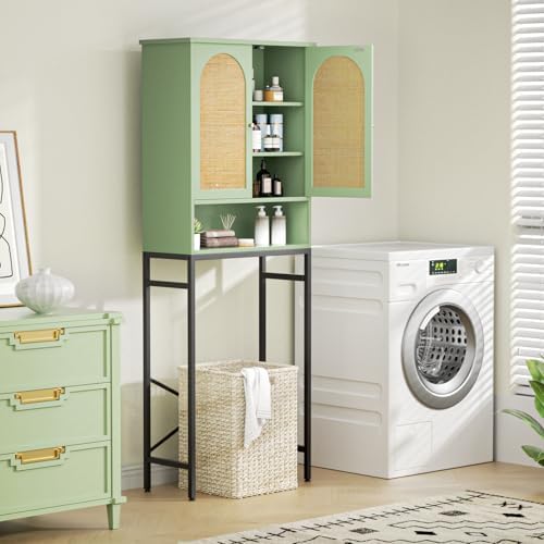 Befrases Rattan Toilet Storage Cabinet, Over the Rack Wood Cabinet with Metal Stand, Bathroom Organizer with Adjustable Shelf, Space Saving Cupboard for Small Bathrooms, Washer Shelf, Green