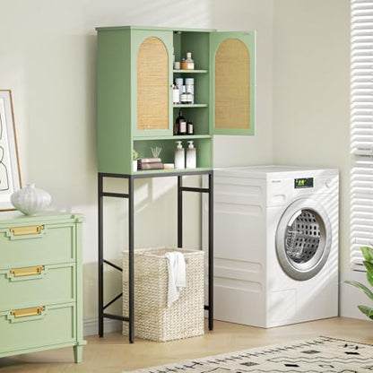 Befrases Rattan Toilet Storage Cabinet, Over the Rack Wood Cabinet with Metal Stand, Bathroom Organizer with Adjustable Shelf, Space Saving Cupboard for Small Bathrooms, Washer Shelf, Green