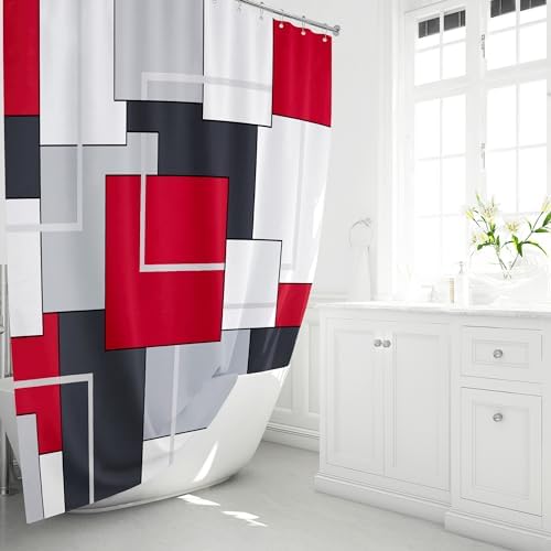 BTTN 72 x 78 Long Modern Geometric Waterproof Fabric Shower Curtain, Red