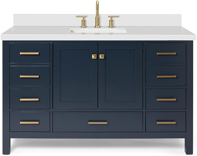 ARIEL Cambridge 54-inch Bathroom Vanity with Sink,Solid Wood, 1.5-inch Pure White Quartz Countertop, Single Rectangular Porcelain Sink, 2 Soft Closing Doors, 9 Dovetail Drawers, Midnight Blue