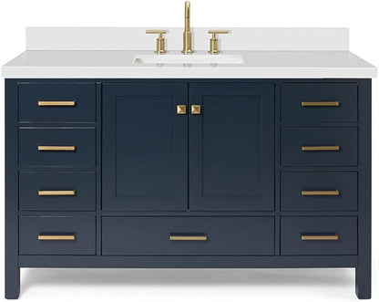 ARIEL Cambridge 54-inch Bathroom Vanity with Sink,Solid Wood, 1.5-inch Pure White Quartz Countertop, Single Rectangular Porcelain Sink, 2 Soft Closing Doors, 9 Dovetail Drawers, Midnight Blue