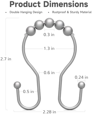 Shower Curtain Hooks Silver, Bathway Shower Curtain Rings Rust Proof, Shower Hooks for Shower Curtain Balanced Smooth Glide Double Shower Curtain Hooks, 12 Pcs