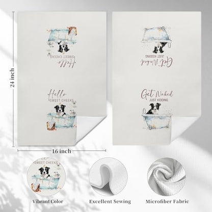 Funny Border Collie Hand Towels, Hello Sweet Cheeks Bathroom Decor, Border Collie Gifts Decorative Hand Towels for Bathroom Washroom Restroom, 16x24 Inch Set of 2