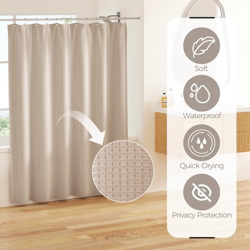 Bathroom Accessories Set - Beige Bathroom Set with Shower Curtain and Rugs, Trash Can, Toilet Brush with Holder, Soap Dispenser, Toothbrush and Toothpaste Holder, Cup, Soap Dish, Qtip Holders, Tray
