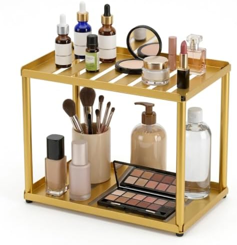 2 Tier Bathroom Counter Organizer, Rectangular Vanity Organizer Shelf, Skincare and Makeup Countertop Storage Rack for Kitchen, Bathroom, Bedroom Gold
