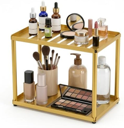 2 Tier Bathroom Counter Organizer, Rectangular Vanity Organizer Shelf, Skincare and Makeup Countertop Storage Rack for Kitchen, Bathroom, Bedroom Gold