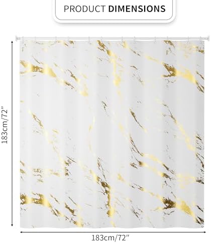 Gold Marble Shower Curtain, Waterproof Bathroom Decor Curtain with Hooks, Stylish White & Gold Pattern Bath Curtain for Modern/Luxury Bathrooms (72x72 Inches)
