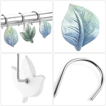 Blue Plant Leaf Shower Curtain Hooks,Eucalyptus Bathroom Decor,12PCS