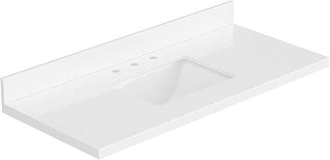 ARIEL 49 inch Bathroom Vanity top with Sink, 1.5 Inch Thick Miter Edge White Quartz top, Rectangle Single Porcelain Sink, Includes Backsplash