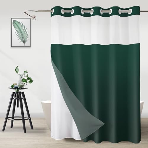 No Hook Shower Curtain and Liner for Bathroom, Ombre Dark Green, 71" x 74"