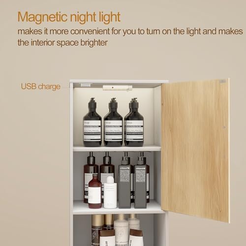 Bathroom Storage Cabinet, Tall Narrow Storage Cabinet with USB Light, White