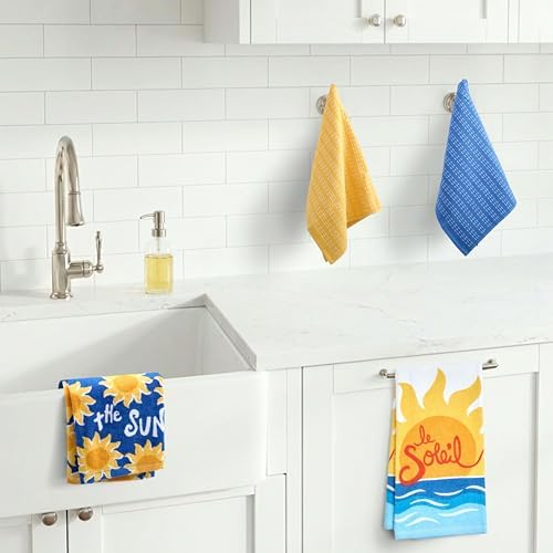Ritz 4-Piece Kitchen Towel Set, Here Comes the Sun & Le Soleil Sunset Prints with Yellow & Navy Blue Textured Terry, 100% Cotton & Absorbent Blend, 16" x 26", Coastal Summer Kitchen Decor