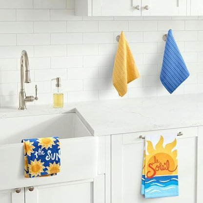 Ritz 4-Piece Kitchen Towel Set, Here Comes the Sun & Le Soleil Sunset Prints with Yellow & Navy Blue Textured Terry, 100% Cotton & Absorbent Blend, 16" x 26", Coastal Summer Kitchen Decor