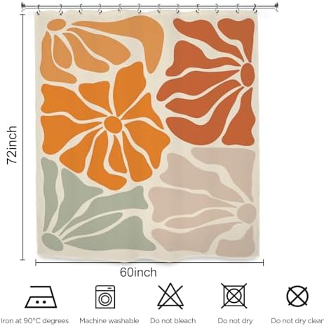 Matisse Flower Shower Curtain 60Wx72L Inch Abstract Retro Aesthetic Minimalist Vintage Art 70s Modern Orange Green Tan Bathroom Set Accessories Decor with 12 Pack Hooks