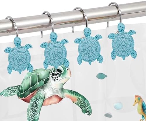 12Pcs Blue Turtle Shower Curtain Hooks Decorative for Curtain Rods, Cute Animals Shower Curtain Rings, Silver Stainless Steel Metal Shower Curtain Hanger Hooks, Turtle Ocean Beach Bathroom Decor