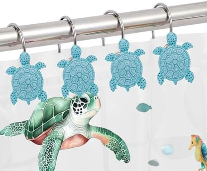 12Pcs Blue Turtle Shower Curtain Hooks Decorative for Curtain Rods, Cute Animals Shower Curtain Rings, Silver Stainless Steel Metal Shower Curtain Hanger Hooks, Turtle Ocean Beach Bathroom Decor