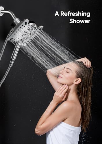 Shower Head with Handheld High Pressure, Rain Shower Head with Fixed Showerhead and 9 Sprays Handheld Shower, Detachable 2-IN-1 Shower head with 59" Rotatable Stainless Steel Hose (Chrome)