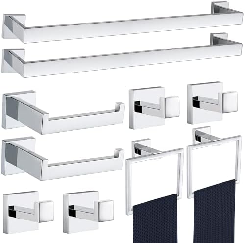 10 Pieces Bathroom Hardware Accessories Set Polished Chrome,24 Inch Bathroom Towel Rack Set SUS304 Stainless Steel, Square Bath Towel bar Set Heavy Duty, Wall Mounted