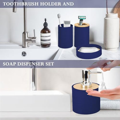 RRM 4 Piece Bamboo Bathroom Accessories Set, Boho Bathroom Decor, Navy Blue