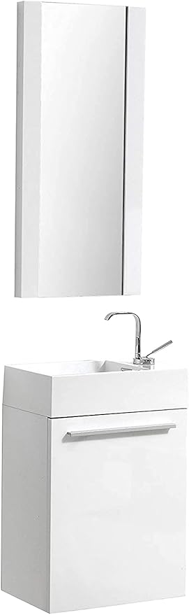 Blossom 18-Inch Floating Bathroom Vanity with Acrylic Sink and Mirror, All-Wood Construction, Space-Saving Wall Mounted Vanity for Compact Bathrooms, Modern Design Bathroom Sink Cabinet, Glossy White