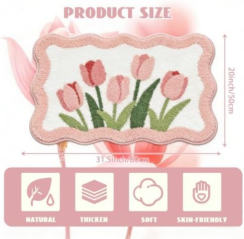 Pink Tulip Bath Mat 32x20, Soft Fluffy Fresh Flowers Bathroom Rug