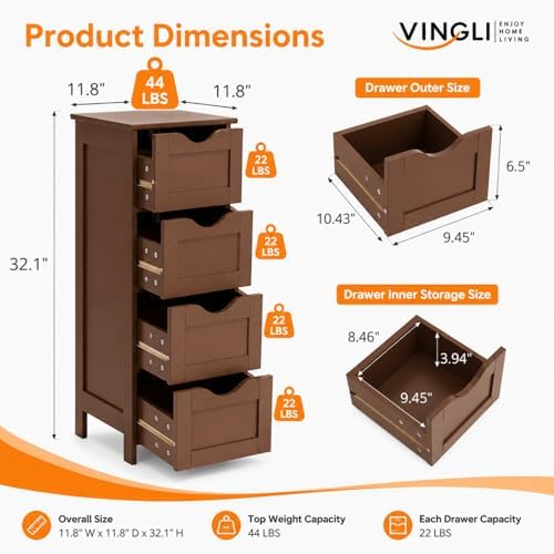 VINGLI 4-Drawer Bathroom Storage Cabinet, Slim Freestanding Floor Cabinet Organizer, 11.8" W x 11.8" D x 32.1" H, Narrow Linen Cabinet for Toiletries, Towels, Toilet Paper, Walnut Brown