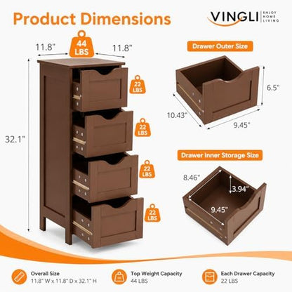 VINGLI 4-Drawer Bathroom Storage Cabinet, Slim Freestanding Floor Cabinet Organizer, 11.8" W x 11.8" D x 32.1" H, Narrow Linen Cabinet for Toiletries, Towels, Toilet Paper, Walnut Brown