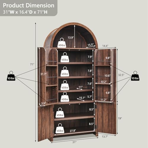 IFGET 71" Tall Arched Kitchen Pantry, Modern Fluted Storage Cabinet, Brown