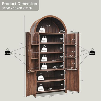 IFGET 71" Tall Arched Kitchen Pantry, Modern Fluted Storage Cabinet, Brown