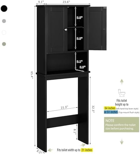 Over The Toilet Storage Cabinet for Bathroom, Black Bathroom Storage Over Toilet, Space Saver W/Adjustable Shelf and Open Shelf, Black