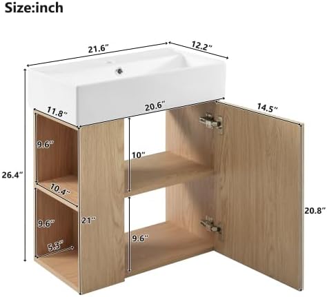 BNSPLY 22 Inch Floating Bathroom Vanity with Sink, Wall Mounted Bathroom Vanity Cabinet with Ceramic Sink, Modern Single Basin Vanities, Small Restroom Basin Cabinet with Left Side Storage, Wood