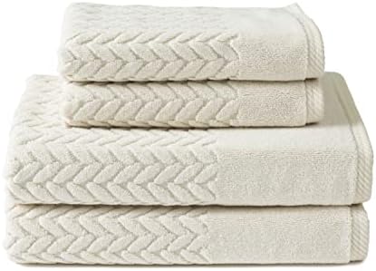 Texere 100% Organic Cotton Jacquard 650 GSM Premium Bath Towel Sets - Extra Absorbent Quick Dry and Plush (Cable, Birch, 2 Bath & 2 Hand Towels)