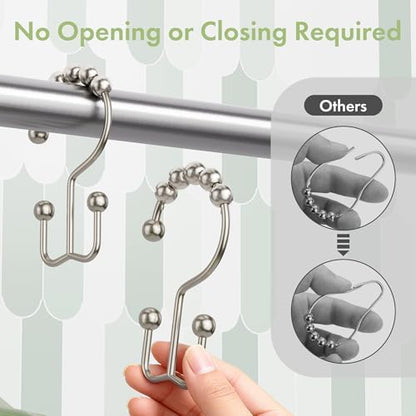 Amazer Shower Curtain Hooks, 12PCS Rust-Resistant Metal Double Shower Curtain Rings for Curtain Rolling Shower Hooks, Shower Rings for Bathroom Shower Curtain Rod, Nickel