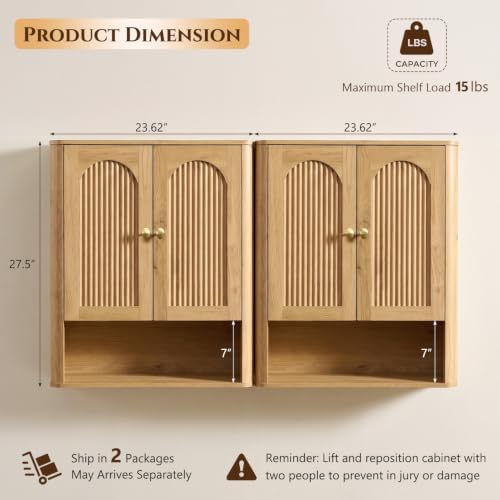 IFGET Bathroom Fluted Arched Wall Cabinet Set 2, 23.6''W Medicine Cabinet, Natural