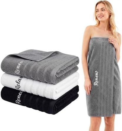 Tiamon 3 Pcs Bathroom Towel Decorative Set 100% Cotton Fluffy Bath Hand Towels for Guest Gifts Farmhouse Kitchen Hand Towels Home (Black, White, Gray,55 x 28 Inch,Relax Renew Refresh)