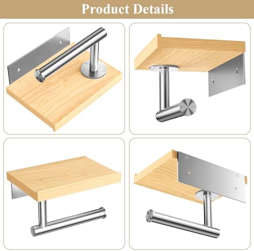 Tindbea Toilet Paper Holder with Wood Shelf, Wooden Wall Mount Tissue Paper Roll Holder, Brushed Nickel Stainless Steel Bathroom Accessories Decor for Home (Maple, Brushed Nickel)