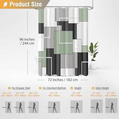 BTTN 72 x 96 Long Geometric Waterproof Fabric Shower Curtain, Sage Green