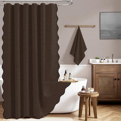 BTTN Extra Long Scalloped Linen Textured Shower Curtain Set, 72x96, Brown