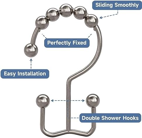 Titanker Shower Curtain Hooks Rings, Rust Resistant Metal Double Glide Shower Hooks Rings for Bathroom Shower Rods Curtains, Set of 12 Hooks - Nickel