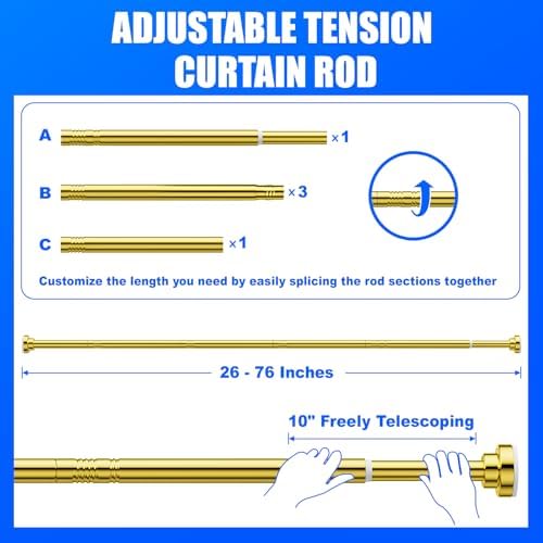 Ausemku Shower Curtain Rod Tension - 26-76 Inch Never Rust Non-Slip Spring Tension Curtain Rod No Drilling Stainless Steel Curtain Rod Use Bathroom Kitchen（Gold）
