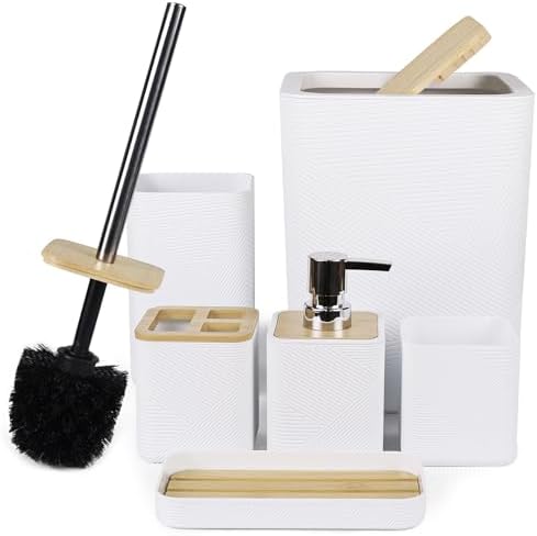 CERBIOR Bamboo Bathroom Accessories Set 6 Piece Bath Ensemble(White)