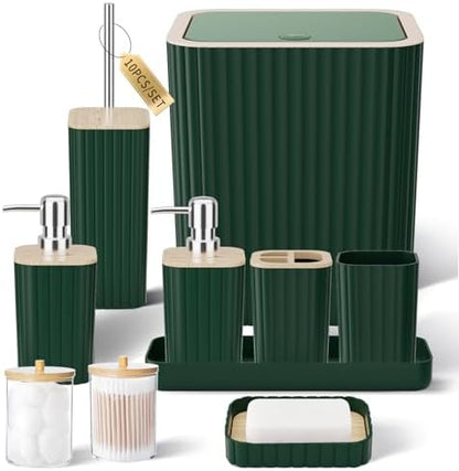 XLHOMO Bathroom Set - Elegant Green Bathroom Set, 10PC Green Bathroom Accessories Set, Bathroom Sets with Toilet Brush, Bathroom Trash Can