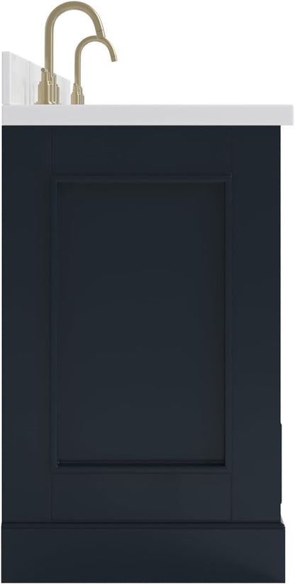 Langford 72-inch Midnight Blue Bathroom Vanity with Left & Right Rectangle Double Sinks, Pure White Quartz Countertop & Backsplash, Solid Wood Frame, Soft-Closing & Dovetail Drawers