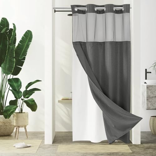 Gibelle No Hook Cloth Charcoal Grey Shower Curtain with Liner, 36x74