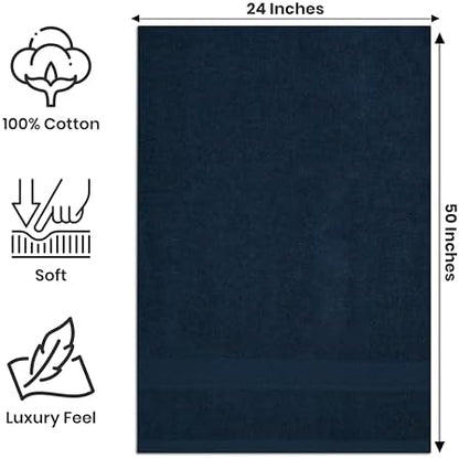 Bath Towels Pack of 6 – 24" x 50" – 100% Cotton Terry, Soft, Quick-Dry & Highly Absorbent – Multi Assorted Towels for Bathroom, Spa, Gym, Hotel, Pool & Everyday Use