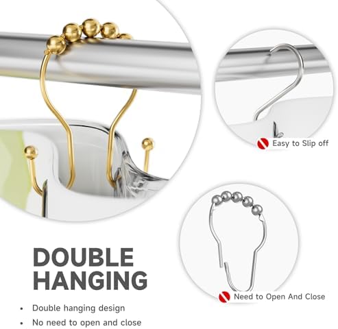 Bathway Shower Curtain Hooks, Shower Curtain Rings Rust Proof Double Hook Shower Curtain Hooks, 12 Pcs Dark Gold Shower Hooks for Shower Curtain, Shower Rings for Curtain, Metal Shower Rod Hooks