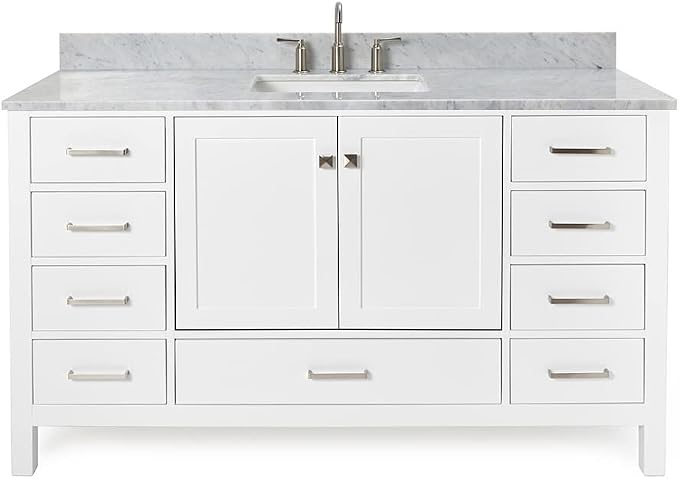 ARIEL Cambridge 60-inch Bathroom Vanity with Sink,Solid Wood, 0.75-inch Italian Carrara Marble Countertop, Single Rectangular Porcelain Sink, 2 Soft Closing Doors, 9 Dovetail Drawers, White