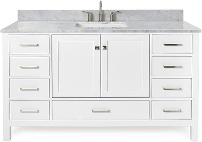ARIEL Cambridge 60-inch Bathroom Vanity with Sink,Solid Wood, 0.75-inch Italian Carrara Marble Countertop, Single Rectangular Porcelain Sink, 2 Soft Closing Doors, 9 Dovetail Drawers, White