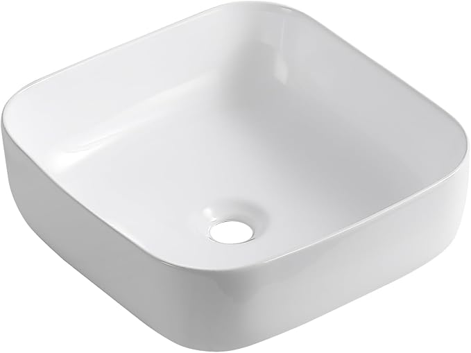 KINGWONG 15" Ceramic Vessel Sink, White Square Bathroom Sink Above Counter | Easy-Clean Porcelain Vanity Sink with Rounded Corner & No Overflow, Compact 15.15" Design for RV, Powder Room, Small Space